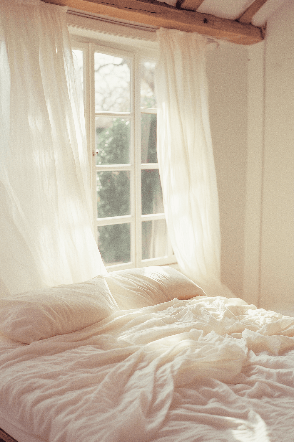 A bright bedroom with white linen bedding and morning light through sheer curtains