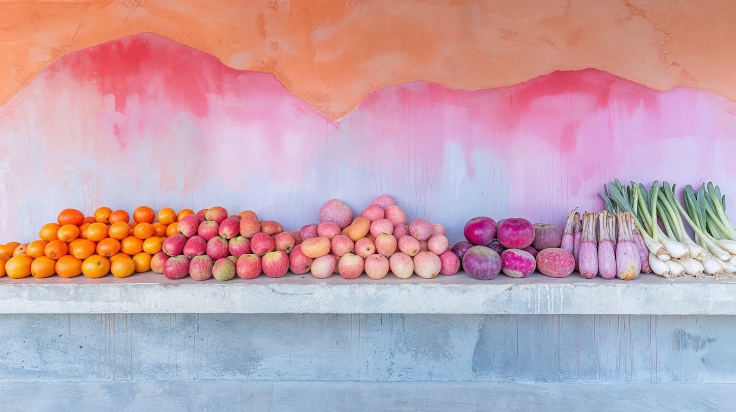 A colourful arrangement of fresh vegetables and fruit on a shelf